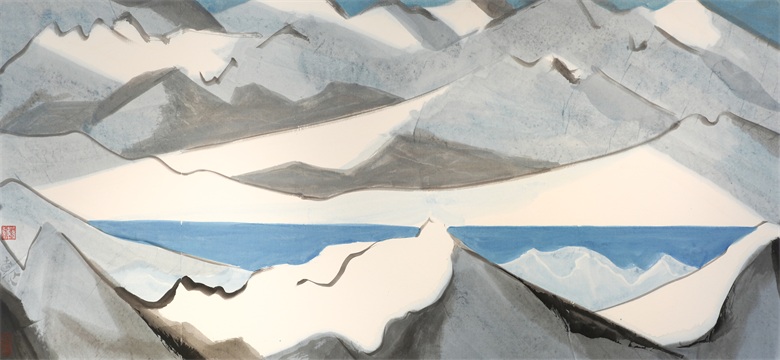 1760581267582693.jpg 《昆仑山上的阴阳湖》纸本水墨设色83.5cmx180cm 2023年.JPG